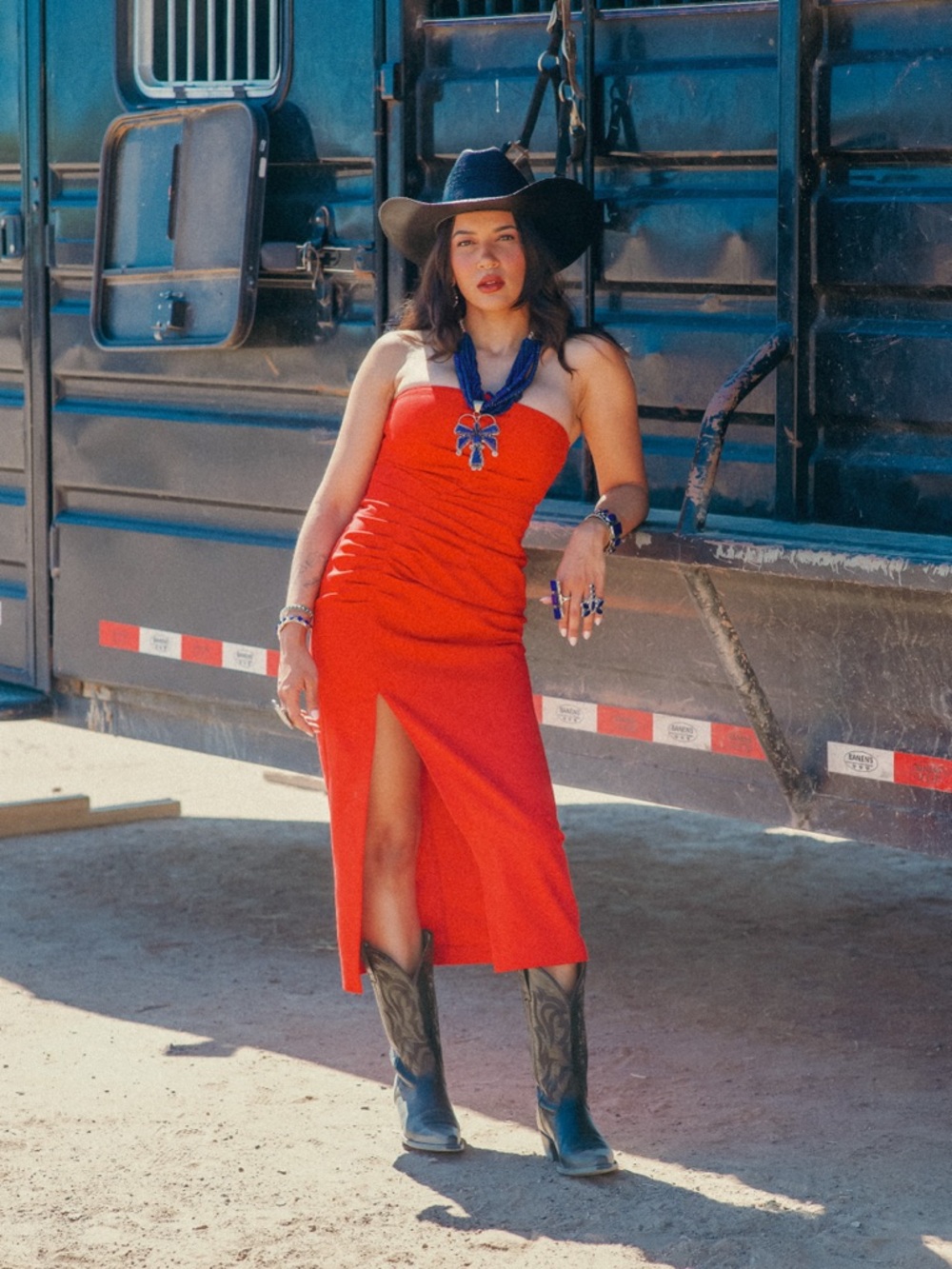 Strapless Red Zara Midi Dress with Front Slit and ruching
